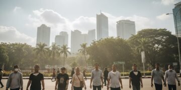 Sebuah hari yang cerah di Makassar dengan kabut ringan di udara. Langit berwarna biru dengan beberapa awan putih tersebar. Di latar belakang, bangunan tinggi dan pohon hijau dapat terlihat, menunjukka