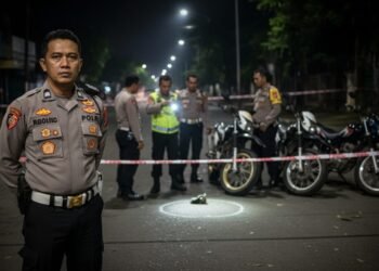 Sebuah foto jurnalistik profesional menampilkan seorang petugas kepolisian berdiri di depan lokasi kejadian di Makassar. Latar malam dengan cahaya lampu jalan yang redup menciptakan suasana yang seriu