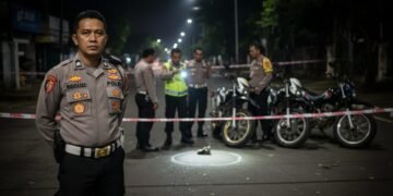 Sebuah foto jurnalistik profesional menampilkan seorang petugas kepolisian berdiri di depan lokasi kejadian di Makassar. Latar malam dengan cahaya lampu jalan yang redup menciptakan suasana yang seriu