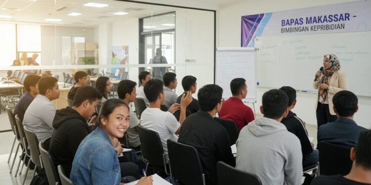 Bapas Makassar Gelar Bimbingan Kepribadian Sebuah kelompok siswa usia remaja, mungkin tingkat SMA atau perguruan tinggi, duduk dengan fokus di kelas atau ruang seminar. Ruangan terlihat terang, dengan papan tulis putih besar di depan yang mena