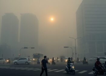 Foto jurnalistik profesional menunjukkan kabut tebal menutupi persimpangan yang sibuk di Makassar, dengan kendaraan dan pejalan kaki memakai masker. Latar belakang menunjukkan gedung-gedung tinggi dan