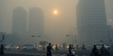 Foto jurnalistik profesional menunjukkan kabut tebal menutupi persimpangan yang sibuk di Makassar, dengan kendaraan dan pejalan kaki memakai masker. Latar belakang menunjukkan gedung-gedung tinggi dan