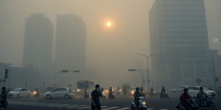 Kualitas Udara Sejumlah Wilayah Sulsel Masuk Kategori Tidak Sehat Foto jurnalistik profesional menunjukkan kabut tebal menutupi persimpangan yang sibuk di Makassar, dengan kendaraan dan pejalan kaki memakai masker. Latar belakang menunjukkan gedung-gedung tinggi dan