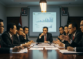Tax officials in a meeting room at Direktorat Jenderal Pajak, intensely discussing strategies to increase tax base, with dramatic lighting and sharp focus on their faces and hands.