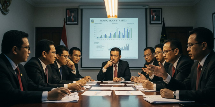 DJP Siapkan Strategi Cari Basis Pajak Baru Antisipasi Kenaikan PTKP Tax officials in a meeting room at Direktorat Jenderal Pajak, intensely discussing strategies to increase tax base, with dramatic lighting and sharp focus on their faces and hands.