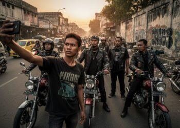 Seorang remaja berpose bersama sekelompok pengendara motor di depan jalan sibuk di Makassar. Dia sedang mengambil selfie dengan kelompok tersebut. Latar belakang menunjukkan jalan yang sibuk dengan or