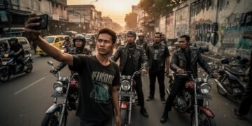 Seorang remaja berpose bersama sekelompok pengendara motor di depan jalan sibuk di Makassar. Dia sedang mengambil selfie dengan kelompok tersebut. Latar belakang menunjukkan jalan yang sibuk dengan or