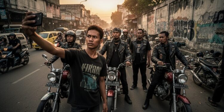 Viral Remaja Berswafoto Geng Motor Pembunuh Pria di Makassar Seorang remaja berpose bersama sekelompok pengendara motor di depan jalan sibuk di Makassar. Dia sedang mengambil selfie dengan kelompok tersebut. Latar belakang menunjukkan jalan yang sibuk dengan or