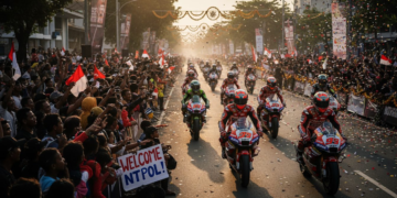 A lively Riders Parade in Mataram, NTB, with thousands of excited spectators cheering for MotoGP riders as they pass through Taman Sangkareang and Taman Udayana. The scene captures the energy and enthusiasm of the crowd and the vibrant motorcycles of the riders.