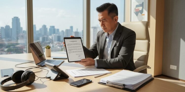 Memahami Hak Perlindungan Konsumen dalam Transaksi Perdagangan Digital MA. Untung, seorang pria berusia 40-an, duduk di meja kerja modern dengan pakaian santai namun profesional. Dia membaca dokumen hukum di tablet komputer. Di latar belakang, terdapat berbagai perangkat
