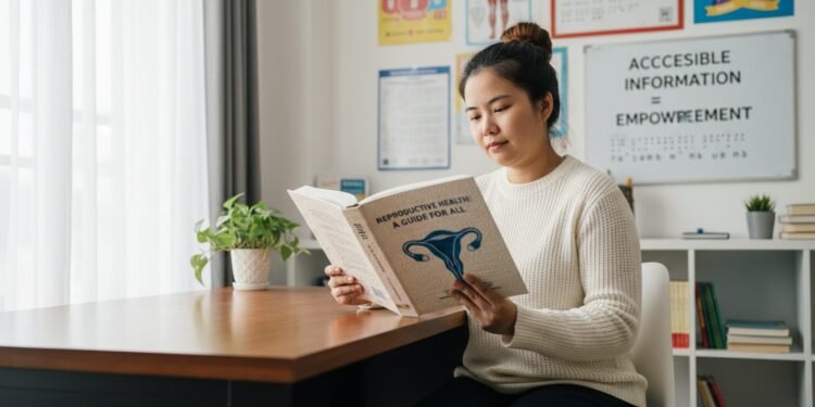 Kini Ada Panduan Kesehatan Reproduksi Berbasis Braille Loh! RR. Nur, seorang wanita buta, duduk di meja di ruangan yang terang. Dia membaca buku dengan teks Braille yang berisi panduan kesehatan reproduksi. Di latar belakang, terlihat berbagai bahan pendidikan