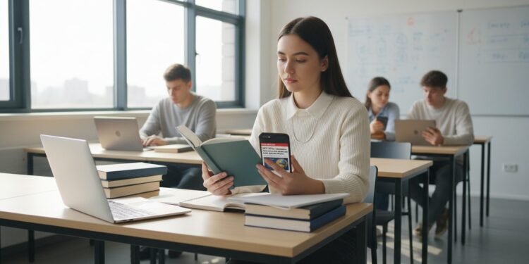 RR. Nur duduk di kelas modern dengan buku dan laptop di depannya. Dia sedang membaca buku sambil menggenggam ponsel pintar dengan artikel berita terlihat di layar. Ruangan terlihat terang dengan jende