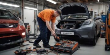 Seorang teknisi berhati-hati memeriksa baterai dan port pengisian listrik pada sebuah mobil listrik di bengkel. Di latar belakang, terlihat beberapa mobil listrik lainnya yang diletakkan rapi. Gambar