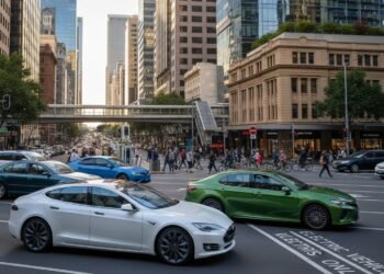 Suatu jalan raya di kota modern Australia pada puncak arus lalu lintas, dengan beberapa kendaraan listrik dan hibrida yang terlihat jelas, sementara di latar belakang masih ada beberapa mobil bensin t