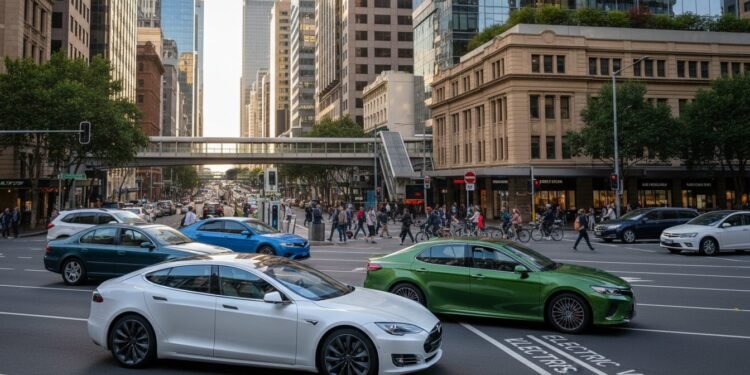 Penjualan kendaraan bermesin bensin di Australia turun 36,2 persen Suatu jalan raya di kota modern Australia pada puncak arus lalu lintas, dengan beberapa kendaraan listrik dan hibrida yang terlihat jelas, sementara di latar belakang masih ada beberapa mobil bensin t