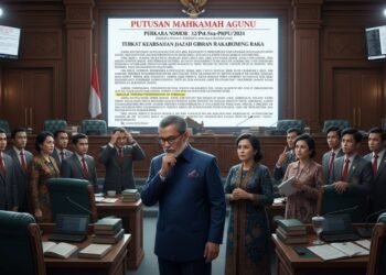 Sejumlah orang, termasuk politisi, akademisi, dan mahasiswa, berkumpul di sekitar layar besar yang menampilkan putusan Mahkamah Konstitusi tentang ijazah Gibran. Layar tersebut diletakkan di lingkunga
