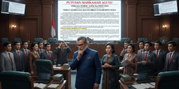 Sejumlah orang, termasuk politisi, akademisi, dan mahasiswa, berkumpul di sekitar layar besar yang menampilkan putusan Mahkamah Konstitusi tentang ijazah Gibran. Layar tersebut diletakkan di lingkunga
