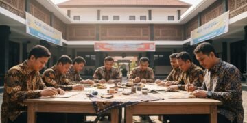 Sejumlah terpidana dilihat sedang bekerja pada proyek kerajinan dengan mengenakan pakaian tradisional batik di halaman Rutan Makassar. Mereka terlihat fokus dan kreatif, menggambar dan memasukkan moti
