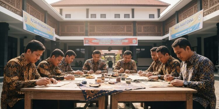Sejumlah terpidana dilihat sedang bekerja pada proyek kerajinan dengan mengenakan pakaian tradisional batik di halaman Rutan Makassar. Mereka terlihat fokus dan kreatif, menggambar dan memasukkan moti