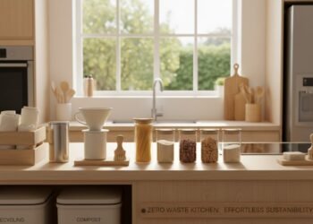Dapur rumah tangga yang rapi dengan berbagai produk dan wadah zero-waste yang rapih disusun. Terlihat filter kopi yang bisa digunakan berkali-kali, tas kain, dan botol kaca. Di latar belakang, dapur y