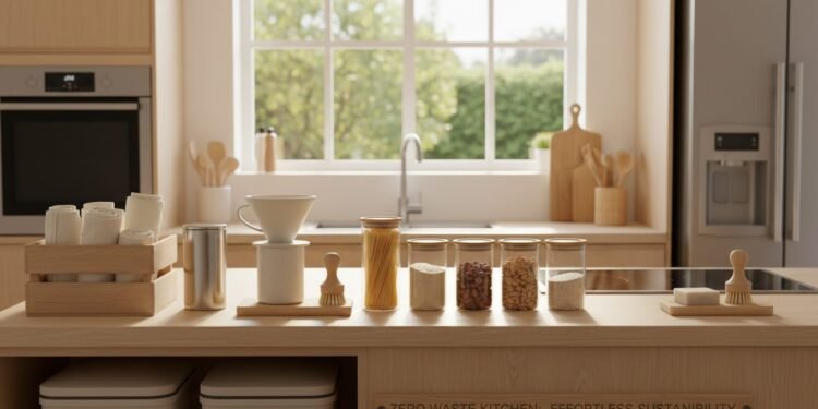 Panduan Praktis Memulai Gaya Hidup Zero Waste dari Dapur Rumah Tangga Dapur rumah tangga yang rapi dengan berbagai produk dan wadah zero-waste yang rapih disusun. Terlihat filter kopi yang bisa digunakan berkali-kali, tas kain, dan botol kaca. Di latar belakang, dapur y