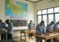 Sebuah pusat reintegrasi Bapas Makassar yang rapi dan modern, dengan kelompok mantan penjara yang terlibat dalam sesi pelatihan vokasional. Lingkungan bekerja yang positif dan mendukung, dengan latar