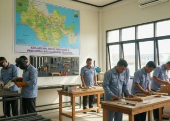 Sebuah pusat reintegrasi Bapas Makassar yang rapi dan modern, dengan kelompok mantan penjara yang terlibat dalam sesi pelatihan vokasional. Lingkungan bekerja yang positif dan mendukung, dengan latar