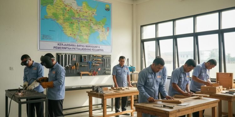 Sebuah pusat reintegrasi Bapas Makassar yang rapi dan modern, dengan kelompok mantan penjara yang terlibat dalam sesi pelatihan vokasional. Lingkungan bekerja yang positif dan mendukung, dengan latar
