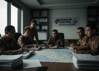 A group of Kejati Kaltara officials in a meeting room, discussing a serious case of dugaan korupsi related to a bank digital investment. The officials are focused and engaged in the discussion, with a large map of Kalimantan Utara in the background.