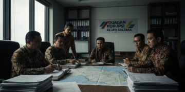 A group of Kejati Kaltara officials in a meeting room, discussing a serious case of dugaan korupsi related to a bank digital investment. The officials are focused and engaged in the discussion, with a large map of Kalimantan Utara in the background.