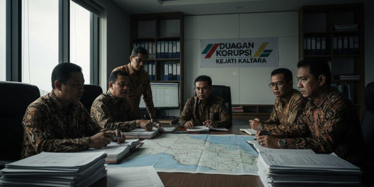 A group of Kejati Kaltara officials in a meeting room, discussing a serious case of dugaan korupsi related to a bank digital investment. The officials are focused and engaged in the discussion, with a large map of Kalimantan Utara in the background.