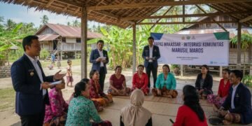Bapas Makassar's team, led by Budi S., is conducting a community integration workshop in Marusu, Maros. The team is interacting with local community members in a traditional village setting, with a fe