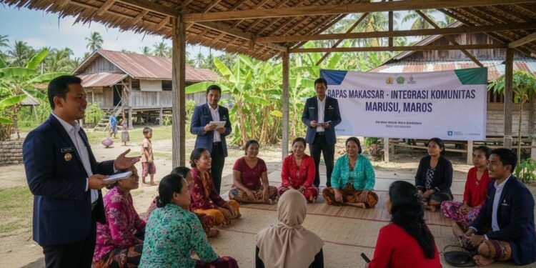 Bapas Makassar's team, led by Budi S., is conducting a community integration workshop in Marusu, Maros. The team is interacting with local community members in a traditional village setting, with a fe