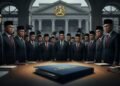 “Vivid Sidney” Festival Cahaya, Musik dan Ide Dalam adegan foto jurnalistik yang serius, para pejabat dan wartawan berkumpul di sekitar meja di Istana. Di atas meja terdapat folder berisi catatan akademik Gibran yang terbuka. Para pejabat memakai