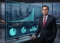 Menteri Keuangan H. Gunadi berdiri di depan layar digital yang menampilkan data keuangan dan grafik ekonomi yang berkembang, dengan latar belakang kantor modern dan pemandangan kota yang sibuk. Dia te