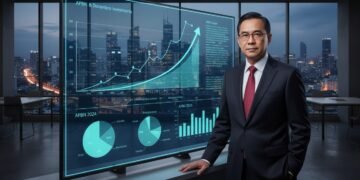 Menteri Keuangan H. Gunadi berdiri di depan layar digital yang menampilkan data keuangan dan grafik ekonomi yang berkembang, dengan latar belakang kantor modern dan pemandangan kota yang sibuk. Dia te