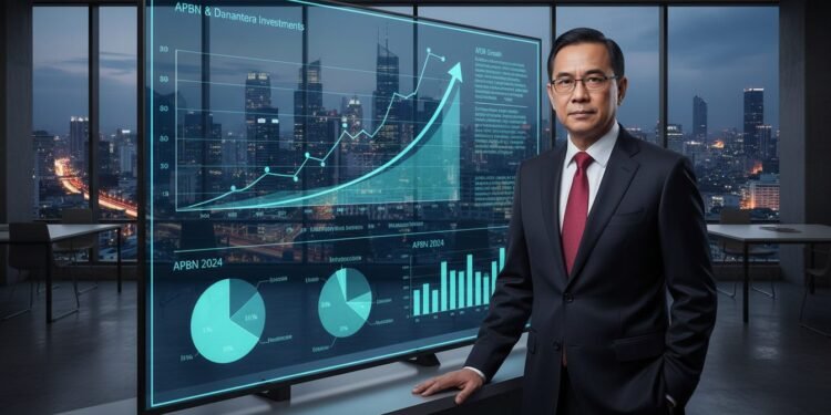 APBN dan Danantara: Mesin Utama Pertumbuhan Ekonomi Menteri Keuangan H. Gunadi berdiri di depan layar digital yang menampilkan data keuangan dan grafik ekonomi yang berkembang, dengan latar belakang kantor modern dan pemandangan kota yang sibuk. Dia te