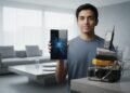 M. Ridham, seorang penggemar teknologi muda, menggenggam Galaxy Z Fold8 dan menumpuk beberapa gadget lama yang tidak terpakai di meja. Latar belakang menampilkan ruang tamu modern dengan desain kontem