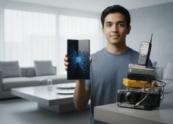 M. Ridham, seorang penggemar teknologi muda, menggenggam Galaxy Z Fold8 dan menumpuk beberapa gadget lama yang tidak terpakai di meja. Latar belakang menampilkan ruang tamu modern dengan desain kontem