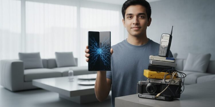 Punya Gadget Nganggur? Bisa Tukar Tambah dengan Galaxy Z Fold8 Serie M. Ridham, seorang penggemar teknologi muda, menggenggam Galaxy Z Fold8 dan menumpuk beberapa gadget lama yang tidak terpakai di meja. Latar belakang menampilkan ruang tamu modern dengan desain kontem