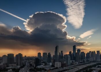 A professional foto jurnalistik menunjukkan langit dramatis dengan awan cumulonimbus yang membentuk, asap tebal di udara, dan awan tinggi atau gelombang udara yang terlihat. Pemandangan ini disetel pa