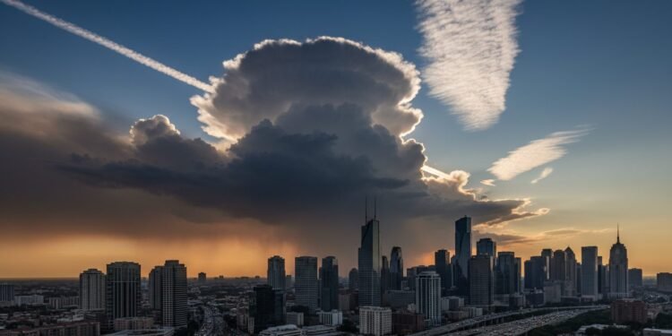 Waspadai Awan Cumulonimbus, Asap, dan Gelombang Tinggi di Cuaca Besok, 9 Oktober 2026 A professional foto jurnalistik menunjukkan langit dramatis dengan awan cumulonimbus yang membentuk, asap tebal di udara, dan awan tinggi atau gelombang udara yang terlihat. Pemandangan ini disetel pa