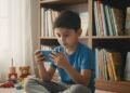 M. Ridham, seorang anak, terlihat dengan kepala terburu-buru dalam smartphone, jari-jarinya bergerak cepat di layar. Di latar belakang, rak buku penuh dengan buku-buku anak yang berwarna-warni berdiri