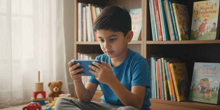 Ketika Gadget Menyita Perhatian Anak-anak, Apa yang Terjadi dengan Buku? M. Ridham, seorang anak, terlihat dengan kepala terburu-buru dalam smartphone, jari-jarinya bergerak cepat di layar. Di latar belakang, rak buku penuh dengan buku-buku anak yang berwarna-warni berdiri