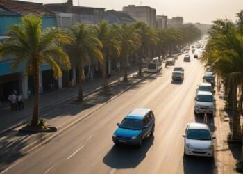 Pemandangan jurnalistik profesional di Cirebon, dengan langit biru cerah berawan putih sedikit, matahari bersinar terang, dan indikator suhu di dashboard mobil menunjukkan 32°C. Gambar menangkap jalan