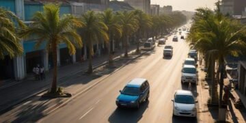 Pemandangan jurnalistik profesional di Cirebon, dengan langit biru cerah berawan putih sedikit, matahari bersinar terang, dan indikator suhu di dashboard mobil menunjukkan 32°C. Gambar menangkap jalan