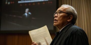 Politisi MA. Untung berdiri di depan layar besar yang menampilkan logo Mahkamah Konstitusi. Dia mengepal dokumen dan tampak serius dengan ekspresi yang memikirkan. Latar belakang menunjukkan ruang par