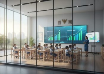 Dalam foto jurnalistik ini, terlihat sebuah gedung pemerintahan modern dengan jendela besar yang terang terangkat oleh cahaya alami. Di dalam gedung tersebut, sekelompok anak-anak muda duduk fokus di