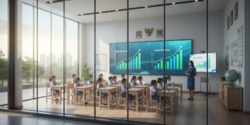 Dalam foto jurnalistik ini, terlihat sebuah gedung pemerintahan modern dengan jendela besar yang terang terangkat oleh cahaya alami. Di dalam gedung tersebut, sekelompok anak-anak muda duduk fokus di