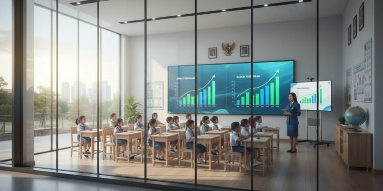Dalam foto jurnalistik ini, terlihat sebuah gedung pemerintahan modern dengan jendela besar yang terang terangkat oleh cahaya alami. Di dalam gedung tersebut, sekelompok anak-anak muda duduk fokus di